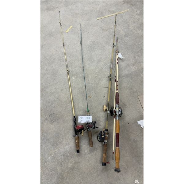 Collection of 4 Vintage Fishing Rods and Reels Including Johnson Laker Model 140 and More