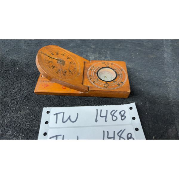 Chinese Needham Wood and Brass Portable Compass Sundial with Traditional Characters 4.5" from