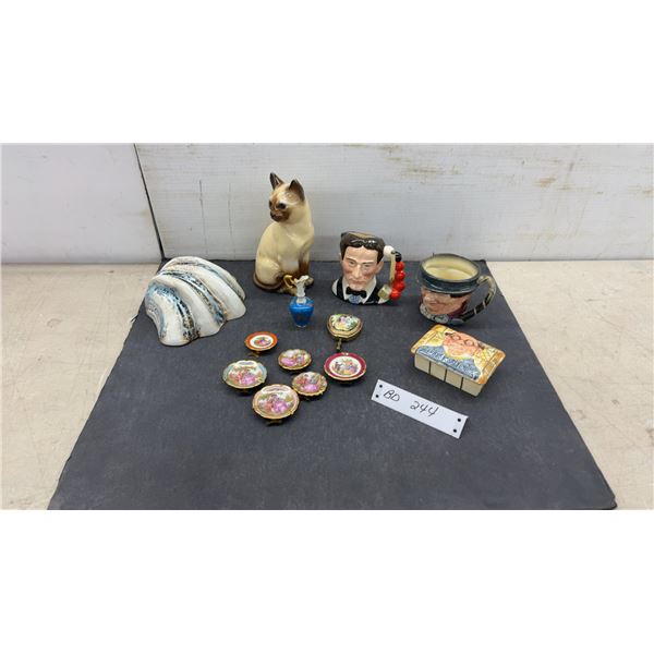 Royal Doulton Mugs, Limoges Minis, Goebel Shell, Siamese Cat, Lancaster Candy Dish, and More