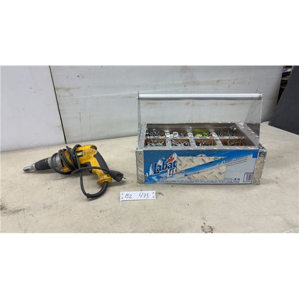 DeWalt Corded Drill and Custom Aluminum Diamond Plate Hardware Organizer with Fasteners