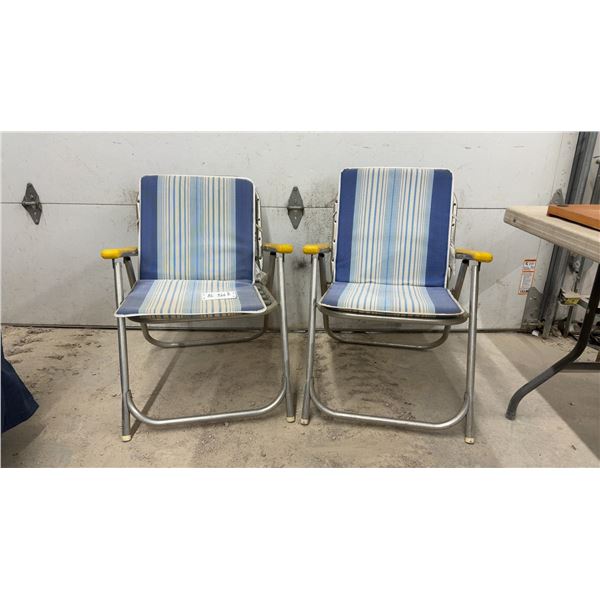 Pair of Aluminum Folding Lawn Chairs with Blue Striped Fabric and Yellow Armrests