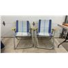 Image 1 : Pair of Aluminum Folding Lawn Chairs with Blue Striped Fabric and Yellow Armrests