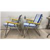 Image 2 : Pair of Aluminum Folding Lawn Chairs with Blue Striped Fabric and Yellow Armrests