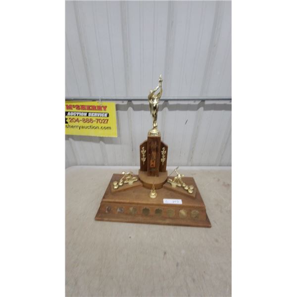 Vintage Curling Trophy with Gold-Tone Figural Toppers and Engraving Plates on Wood Base 23" Tall
