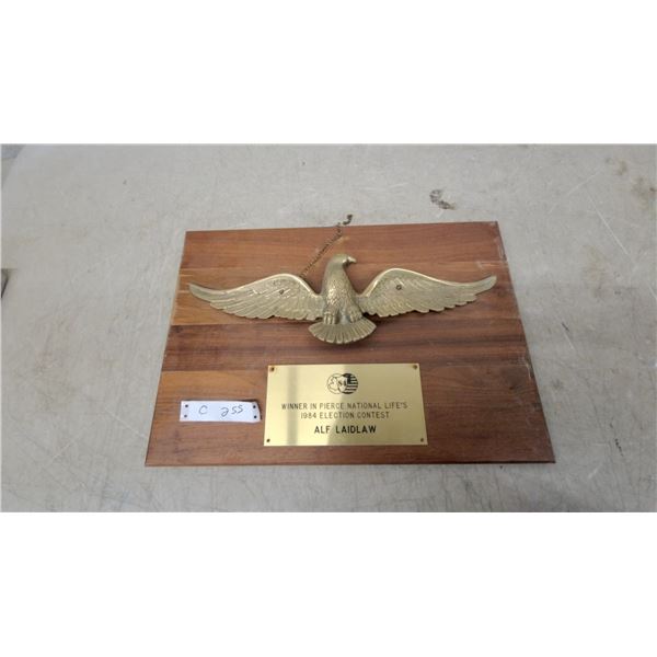 Pierce National Life 1984 Election Contest Award Plaque with Brass Eagle, Alf Laidlaw