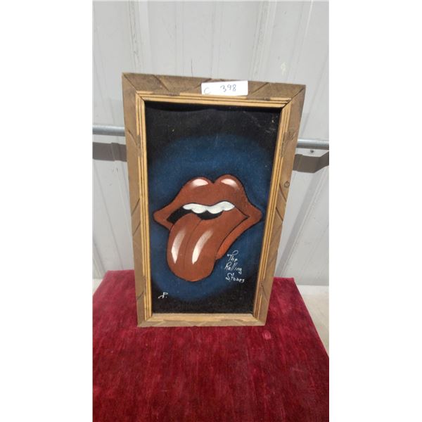 Rolling Stones Tongue Logo Velvet Painting in Wooden Frame Vintage 14 x 23" so Cool