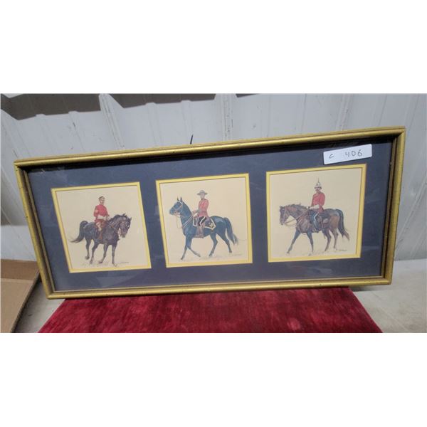 Framed Triple Print of Mounted Police Officers on Horseback 13 x 30"