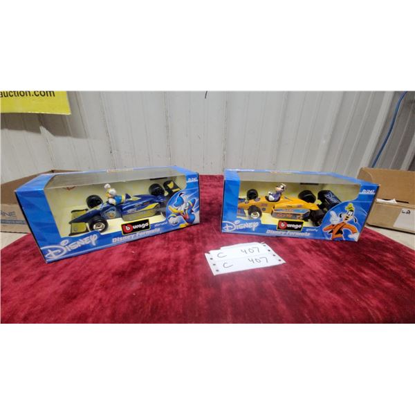 Burago Disney Formula 1/24 Scale Die-Cast Race Cars, Donald and Goofy x2 with Box