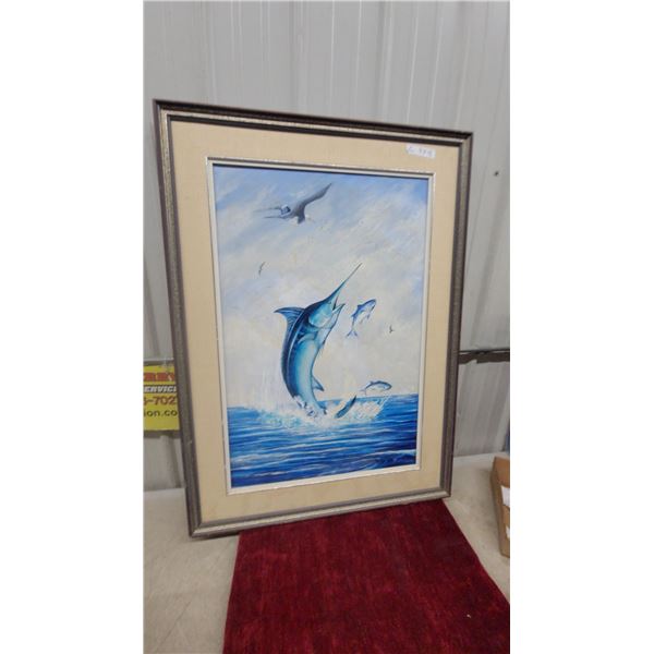 S. Holmes Original Oil Painting of Blue Marlin Leaping from Ocean, Framed 33 x 45"