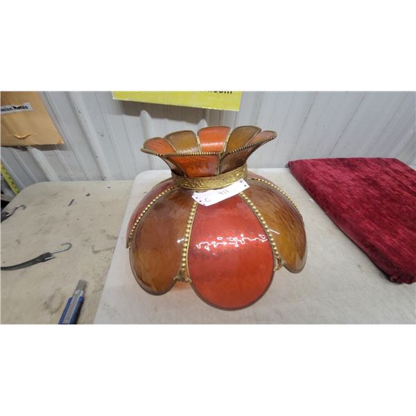 Amber Slag Glass Tulip-Style Hanging Lamp with Brass One Panel Broken