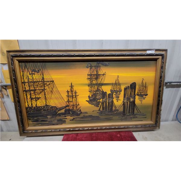 Framed Oil Painting of Sailing Ships at Harbor with Sunset Sky 54 x 30"