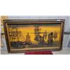 Image 1 : Framed Oil Painting of Sailing Ships at Harbor with Sunset Sky 54 x 30"