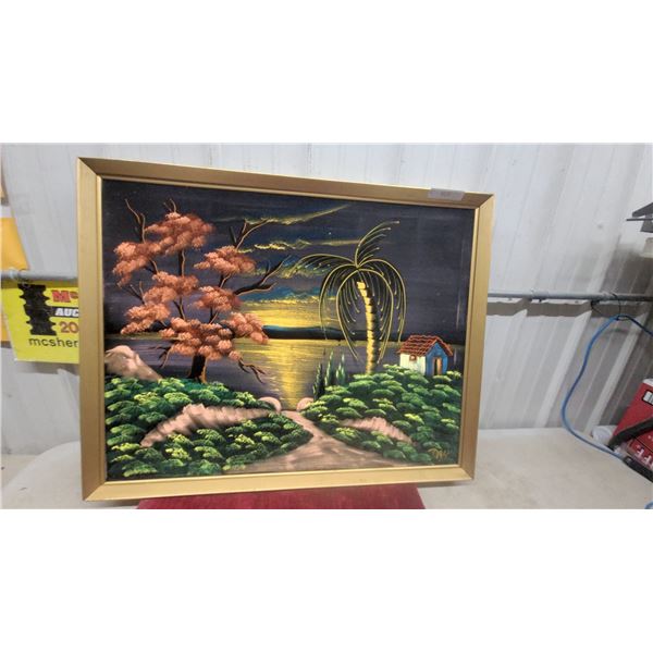 Framed Velvet Painting of Tropical Landscape with Palm Trees and Cottage, Signed 37 x 29"