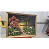 Image 1 : Framed Velvet Painting of Tropical Landscape with Palm Trees and Cottage, Signed 37 x 29"