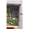 Image 2 : Framed Velvet Painting of Tropical Landscape with Palm Trees and Cottage, Signed 37 x 29"