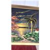 Image 3 : Framed Velvet Painting of Tropical Landscape with Palm Trees and Cottage, Signed 37 x 29"