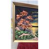 Image 4 : Framed Velvet Painting of Tropical Landscape with Palm Trees and Cottage, Signed 37 x 29"