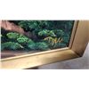 Image 5 : Framed Velvet Painting of Tropical Landscape with Palm Trees and Cottage, Signed 37 x 29"