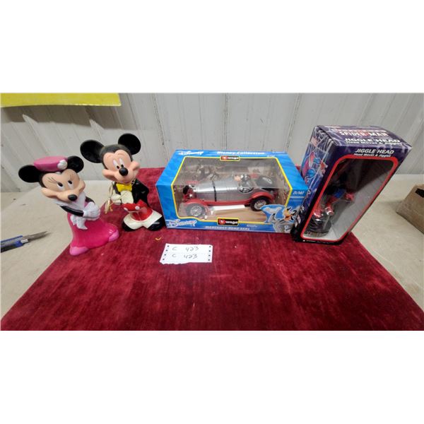 Burago Disney Collection Goofy Mercedes-Benz SSKL 1/18 Scale, Mickey and Minnie Figures, and Spidy