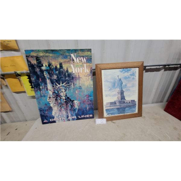 Framed Statue of Liberty Watercolor Print and Delta Air Lines New York Poster Biggest 21 x 27"