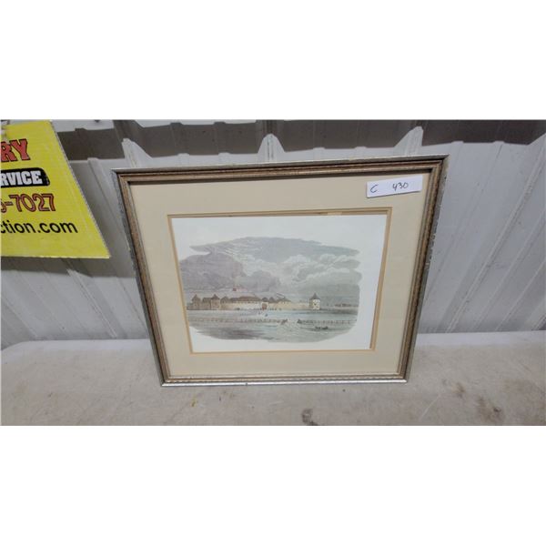 Framed Hand-Colored Engraving of European Mountain Village Landscape 17 x 21"