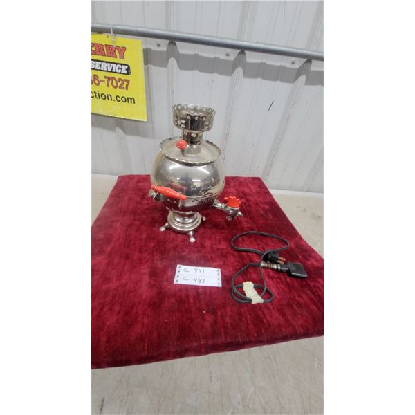 Russian-Style Electric Samovar with Nickel-Plated Finish and Red Accents Rooster Character