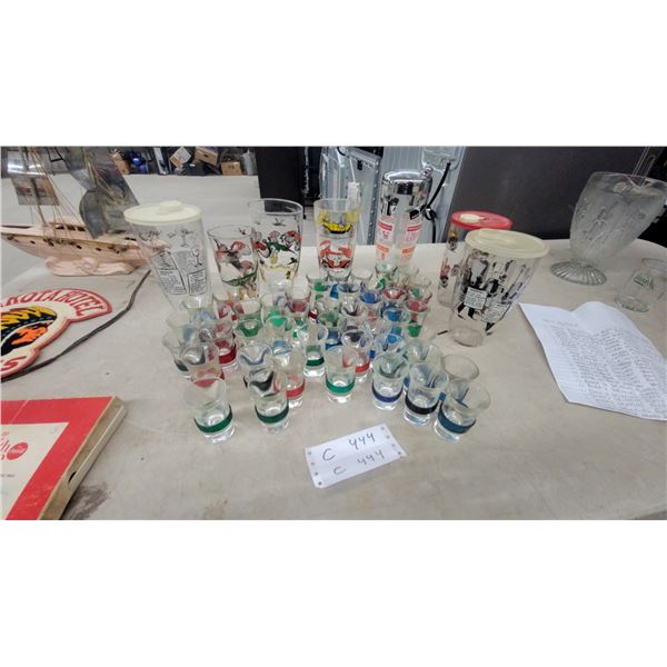 Collection of Vintage Barware Glasses with Colored Bands and Decorative Tumblers and More