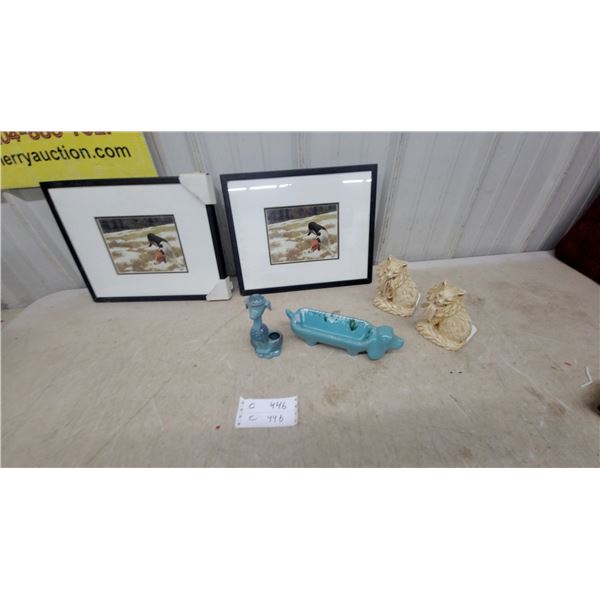 Two Framed Dog Prints, Blue Ceramic Planter Cat Bookends