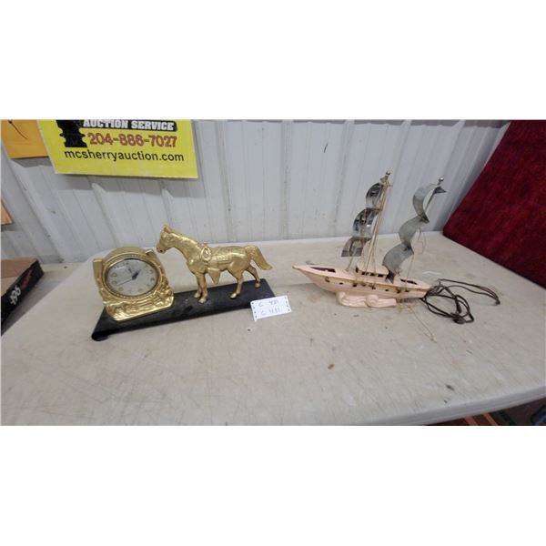 Vintage Brass Horse Mantel Clock and Ceramic Ship Television Lamp