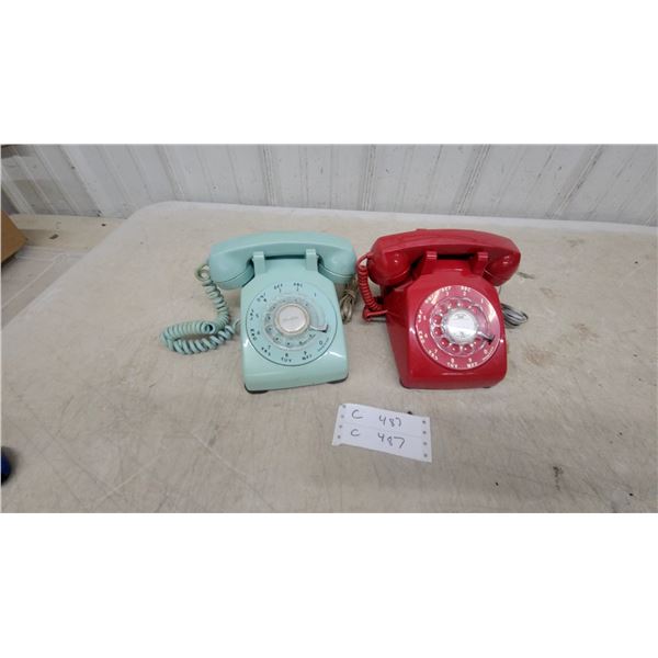 Two Vintage Rotary Dial Telephones, Aqua and Red