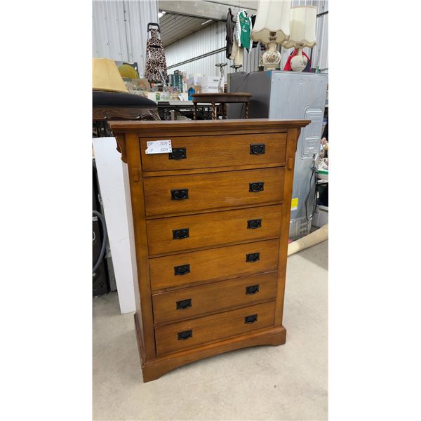 Mission Style Oak Six-Drawer Tallboy Chest with Ring Pulls 36 x 17-1/2 x 51