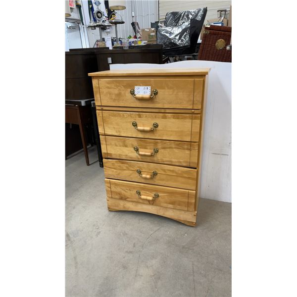 Five-Drawer Chest of Drawers in Natural Wood Finish with Brass and Wood Handles 31 x 16 x 46