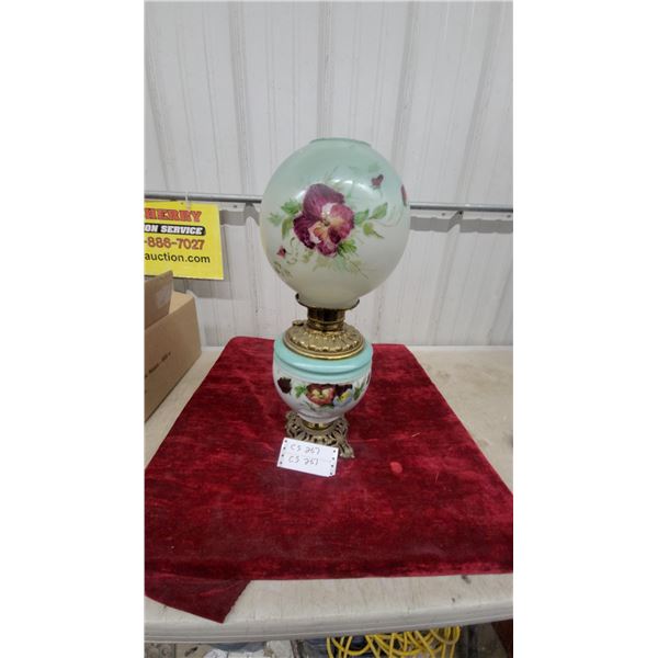 Victorian Hand-Painted Pansy Globe Parlor Oil Lamp with Brass Fittings and Footed Base