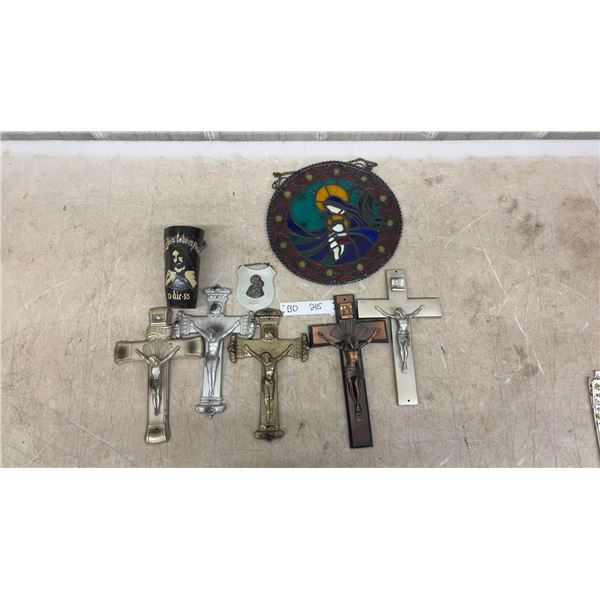 Vintage Religious Lot, Stained Glass, Heavy Metal Crucifixes, and Horn Carving