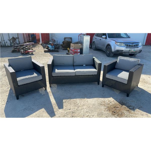 3-Piece Wicker Patio Furniture Set with Loveseat and Two Armchairs with Gray Cushions