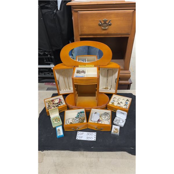 Wooden Jewelry Box with Mirror, Assorted Rings, Necklaces, Earrings, Brooches, and More