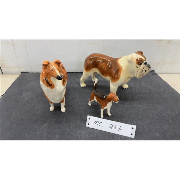 Beswick Porcelain Dog Figurines: Collie, Bulldog, and Beagle, Talkest 5 1/4"