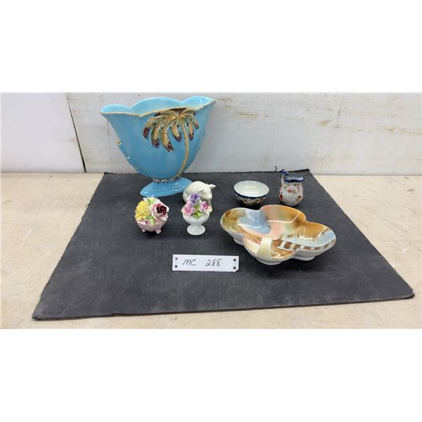 Germany Porcelain Dish, Bewick Blue Palm Vase, Japanese Creamer Set, Irish Pig, English Flowers and