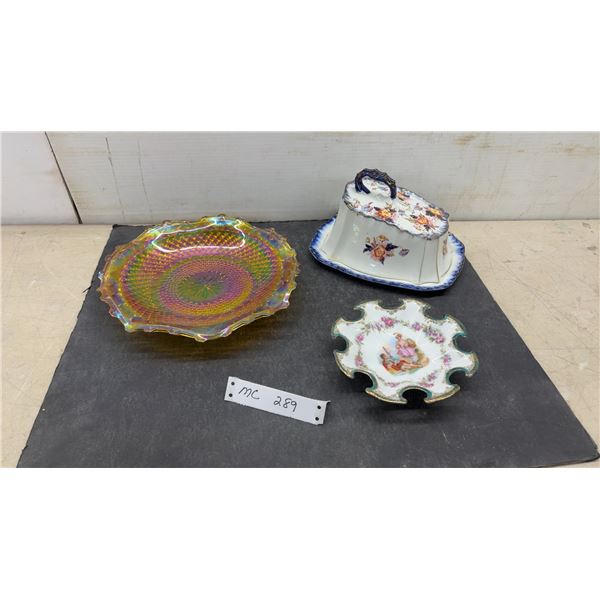 Amber Carnival Glass Bowl, Flow Blue Cheese Dish, and Porcelain 8 Point Trinket Dish