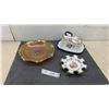Image 1 : Amber Carnival Glass Bowl, Flow Blue Cheese Dish, and Porcelain 8 Point Trinket Dish