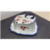 Image 9 : Amber Carnival Glass Bowl, Flow Blue Cheese Dish, and Porcelain 8 Point Trinket Dish