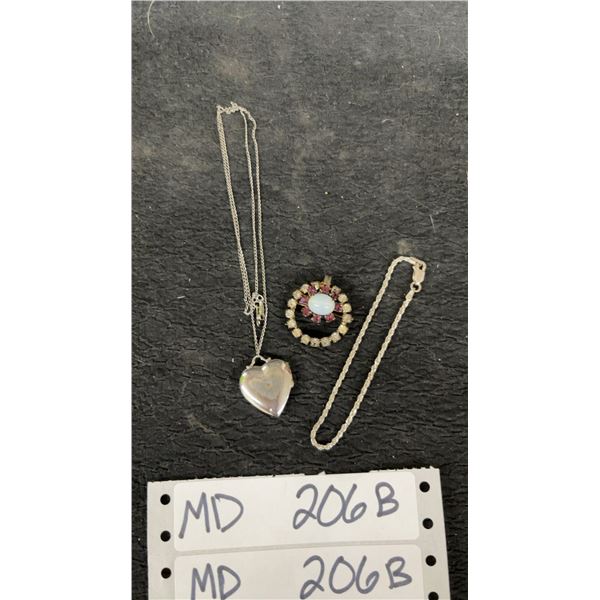 3 Sterling Jewelry Pieces, Pin, Necklace w/Heart Locket and Bracelet