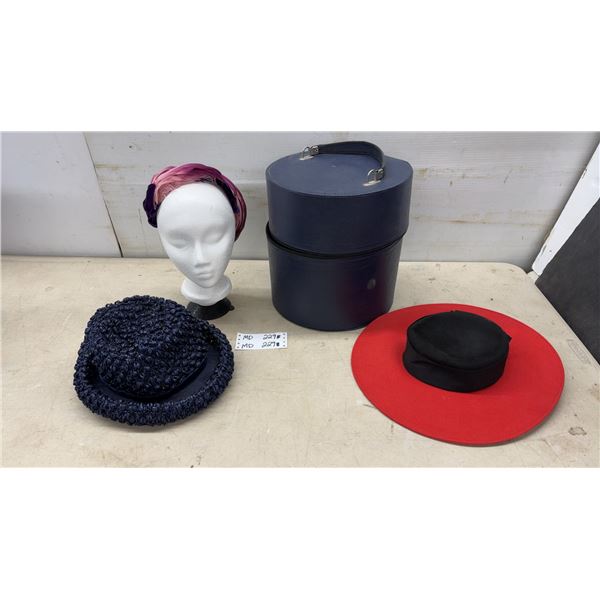 Vintage Ladies' Hat Collection with Navy Blue Eatons Hat, Hat Box and More