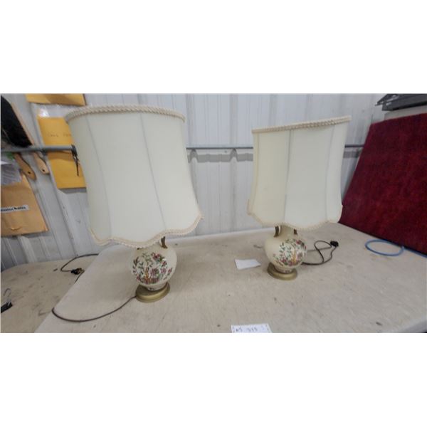Pair of Chinese-Style Ceramic Table Lamps with Floral Motif and Cream Fabric Shades