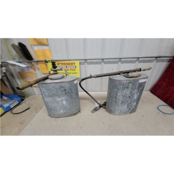 Two Vintage Galvanized Metal Back Pack Fire Sprayers