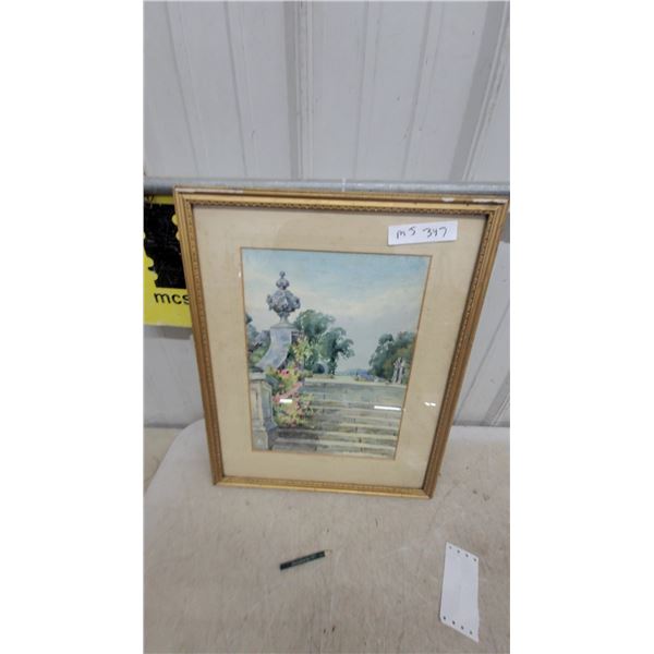 A. Montgomerie Watercolor Painting of Garden Terrace in Gilt Frame 17 x 21"
