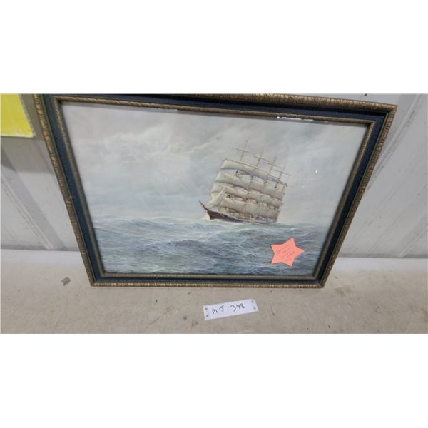 Framed Maritime Print of Sailing Ship by Johannes Holst, 1925 14 x 21"