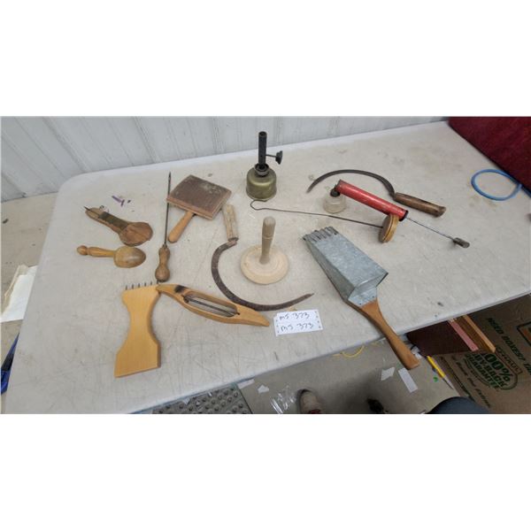 Vintage Fiber Arts Tools Including Wool Carders, Weaving Shuttles, Sickle, Berry Picker, and More
