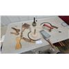 Image 1 : Vintage Fiber Arts Tools Including Wool Carders, Weaving Shuttles, Sickle, Berry Picker, and More