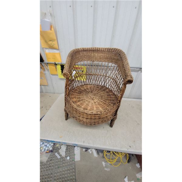 Vintage Wicker Barrel Chair with Lattice Back and Rolled Arms